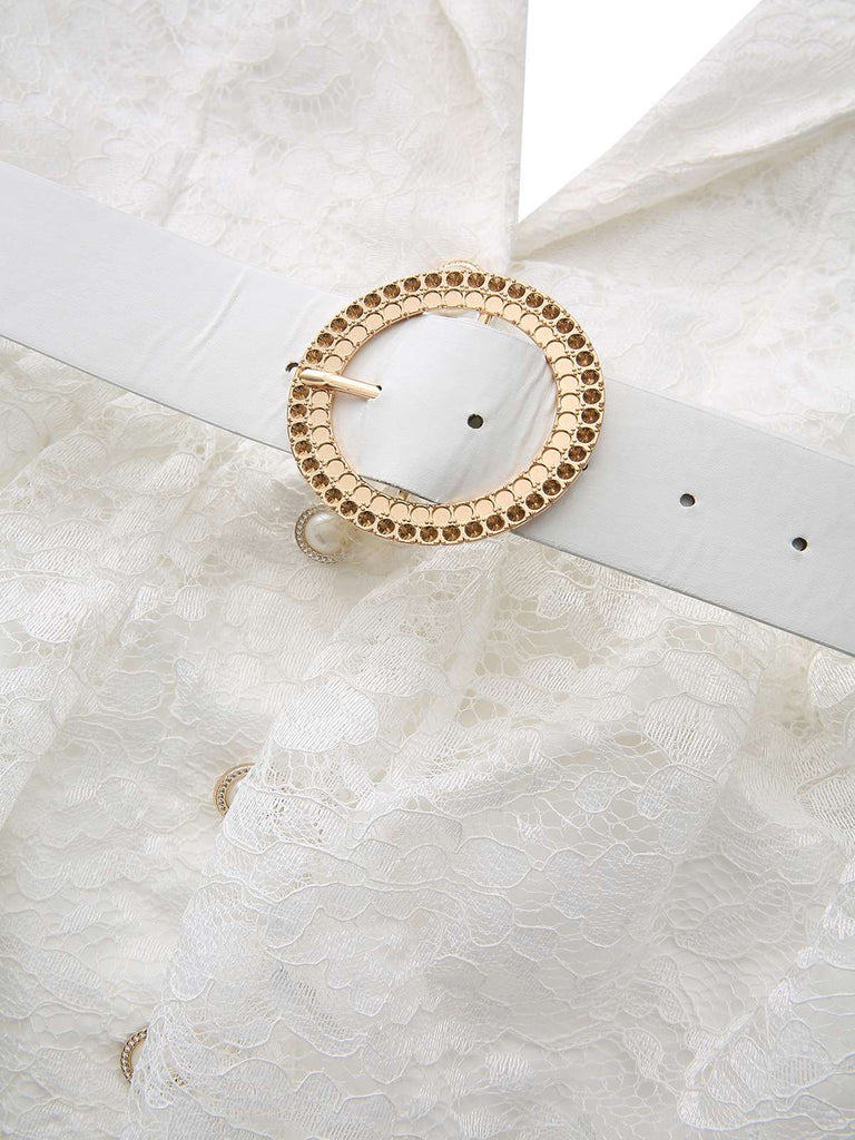 Weiß 1950er Tief V Spitze 3D Rose Halter Revers Kleid