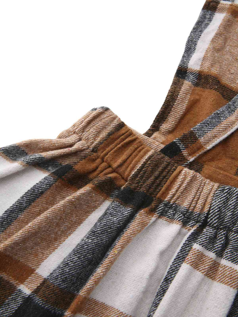 Khaki 1960er Quadratischer Hals Karo Overall Kleid