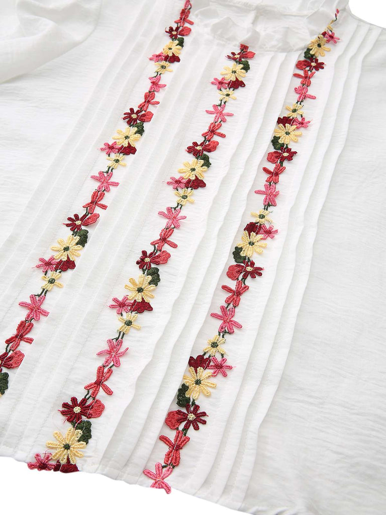 Weiß 1930er Blumen Besticktes Rüschen Kragen Bluse