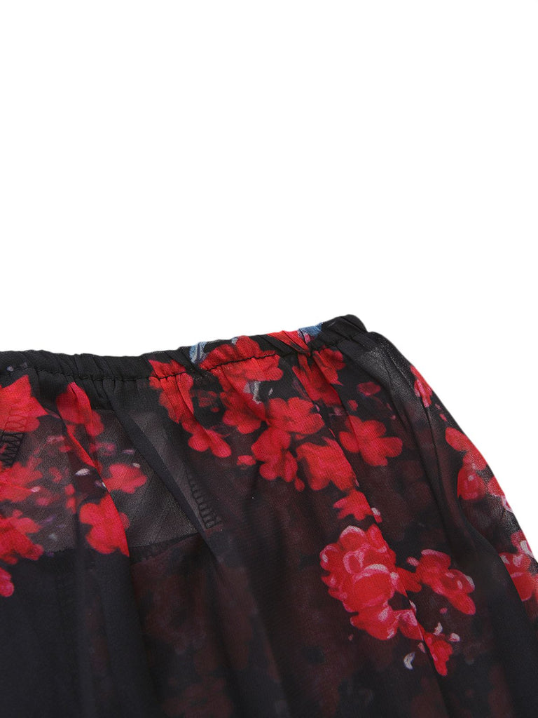 Rot 1960er Französisch Tee Blumen Schulterfrei Enges Kleid