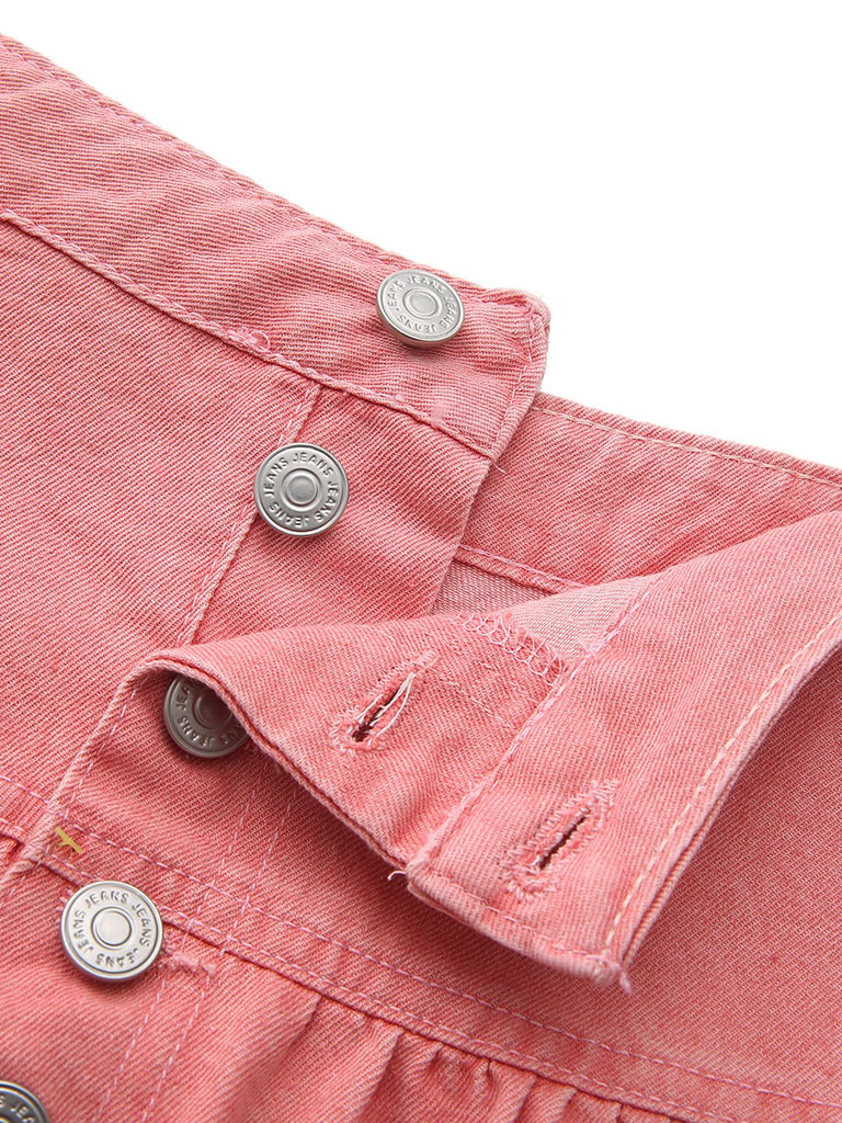 Rosa 1940er Denim Durchgeknöpft Gestuft Maxi Rock