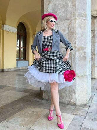 2PCS 1950er Revers Gerollte Ärmel Plaids Mantel & Träger Kleid