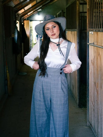 2PCS 1940er Satin Puffärmel Bluse & Glen Plaid Overall Hose