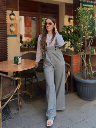 2PCS 1940er Satin Puffärmel Bluse & Glen Plaid Overall Hose