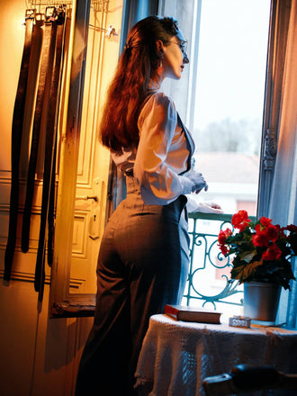 2PCS 1940er Satin Puffärmel Bluse & Glen Plaid Overall Hose