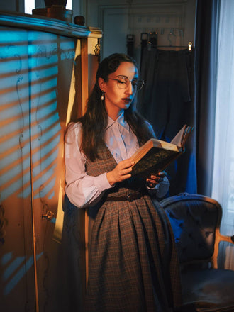 2PCS Grau 1940er V-Ausschnitt Plaid Kleid & Satin Bluse