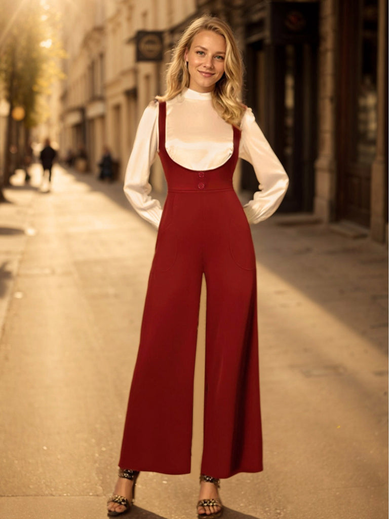 2PCS 1970er Satin Hoher Hals Bluse & Träger Hosen