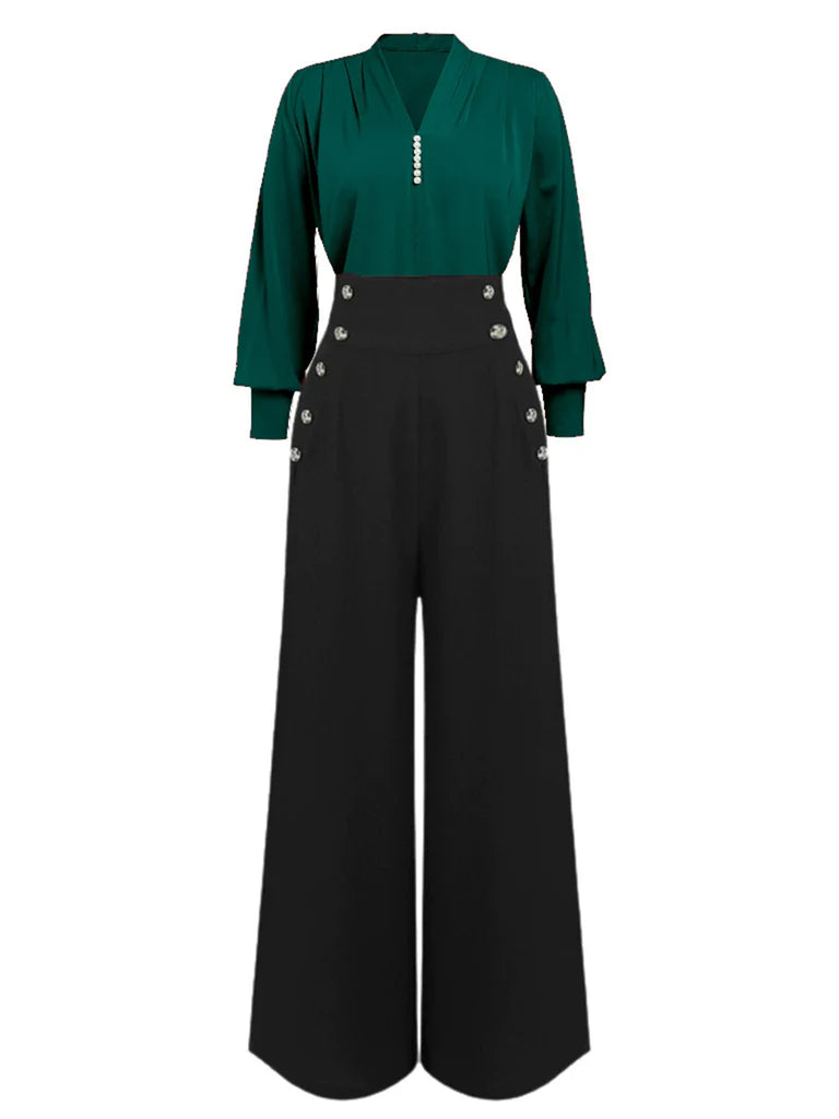 Dunkelgrün 1930er SOLIDE BLUSE & SCHWARZ STRÄGER HOSE