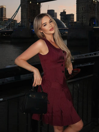 2PCS Weinrot 1960er Nadelstreifen Top & Plissiertes Rock