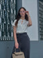 2PCS 1930er Weiß Satin Bluse & Grau Nadelstreifen Hosen