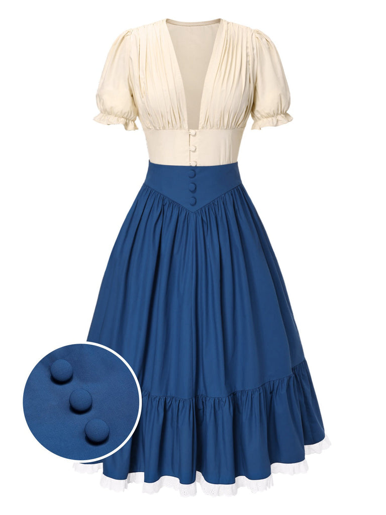 [Vorverkauf] 2PCS 1940er Baumwolle Creme V-Ausschnitt Top & Blau Plissiertes Rock