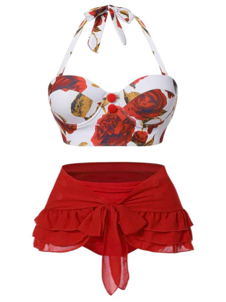 [Vorverkauf] [Übergröße] 2PCS Rot 1960er Roses Halter Badeanzug & Rock Cover-Up