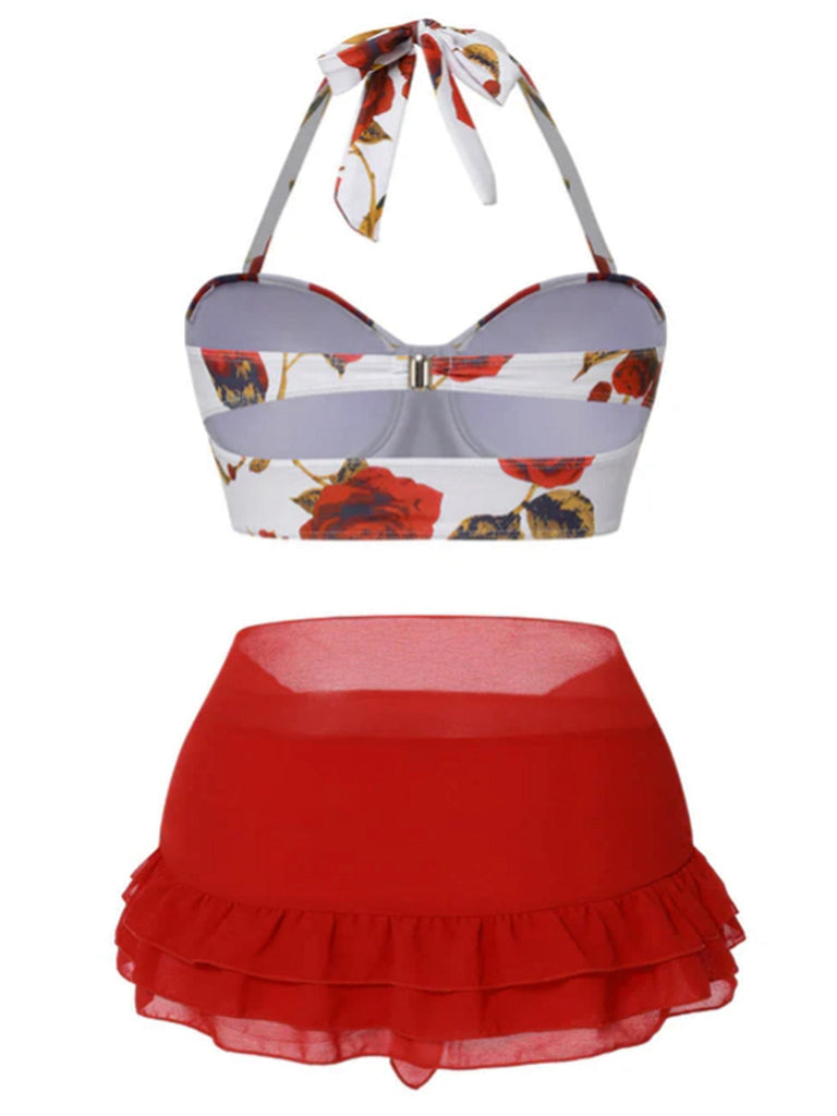 [Vorverkauf] [Übergröße] 2PCS Rot 1960er Roses Halter Badeanzug & Rock Cover-Up