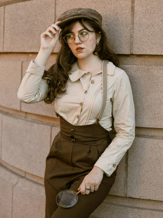 2PCS 1930er Baumwolle Solide Bluse & Latzhose