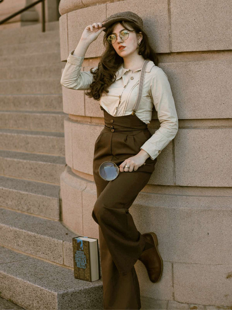 2PCS 1930er Baumwolle Solide Bluse & Latzhose