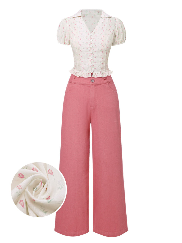 [Vorverkauf] 2PCS Rosa 1950er Tulip Bluse & Rose Tasten Hosen