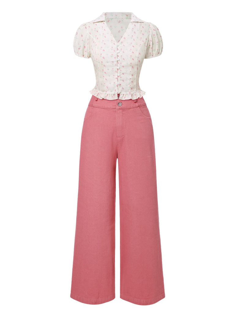 [Vorverkauf] 2PCS Rosa 1950er Tulip Bluse & Rose Tasten Hosen