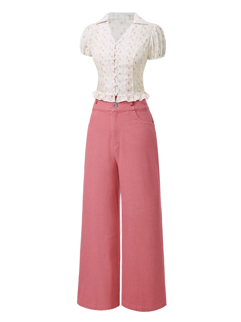 [Vorverkauf] 2PCS Rosa 1950er Tulip Bluse & Rose Tasten Hosen