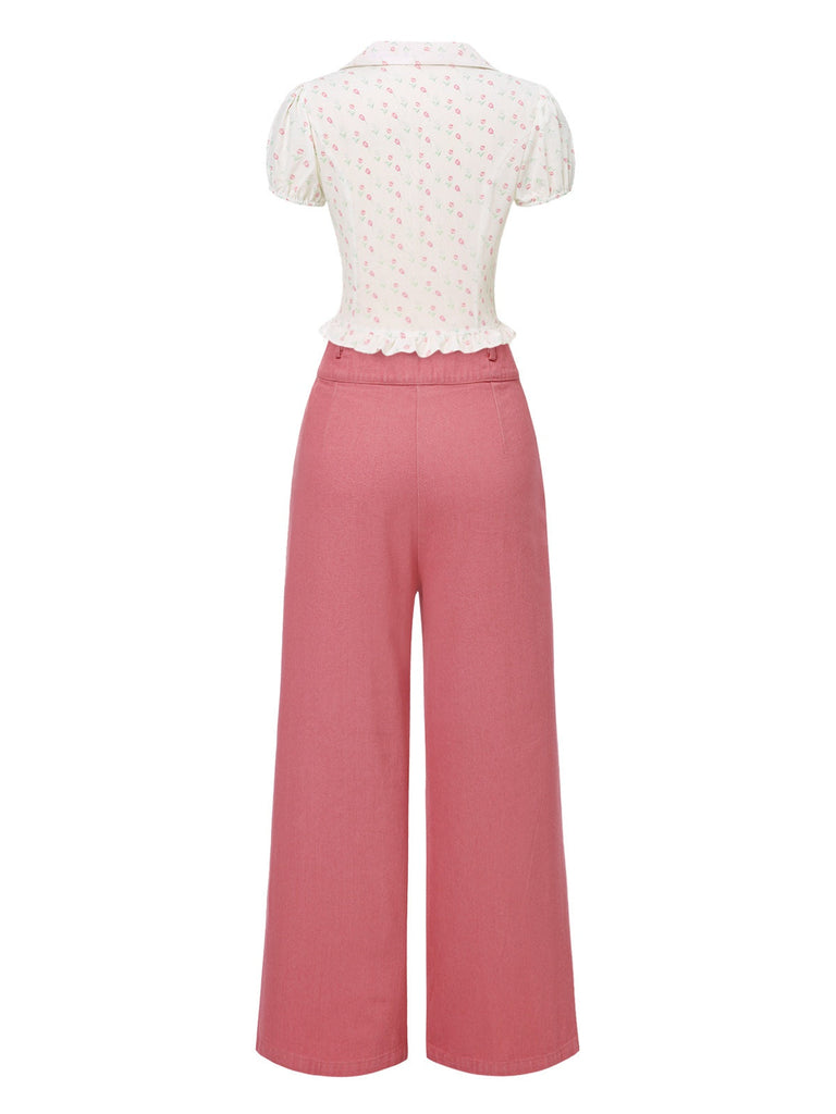 [Vorverkauf] 2PCS Rosa 1950er Tulip Bluse & Rose Tasten Hosen