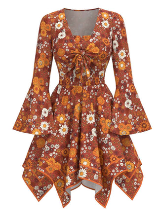 [Vorverkauf] 2PCS Orange 1970er Hippie Blumen Glockenärmel Top & Kleid