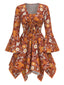 [Vorverkauf] 2PCS Orange 1970er Hippie Blumen Glockenärmel Top & Kleid