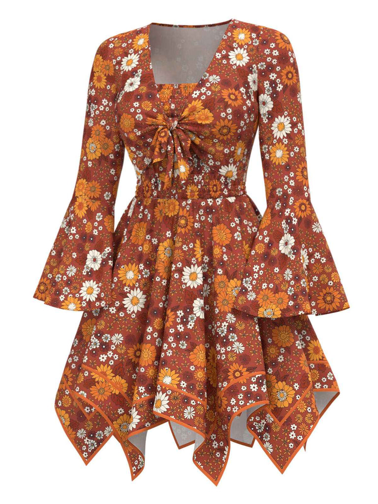 [Vorverkauf] 2PCS Orange 1970er Hippie Blumen Glockenärmel Top & Kleid