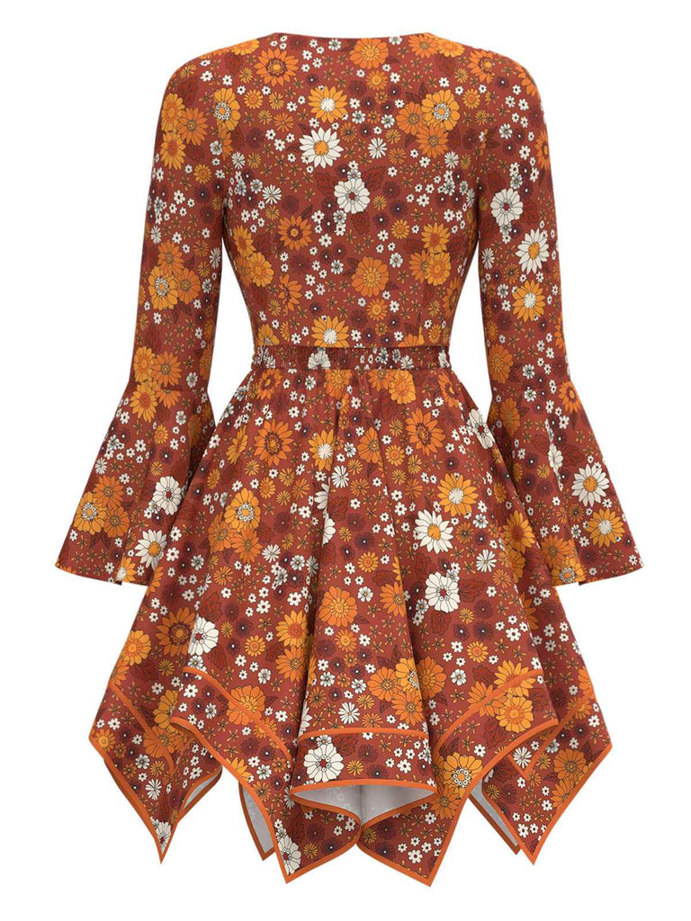 [Vorverkauf] 2PCS Orange 1970er Hippie Blumen Glockenärmel Top & Kleid