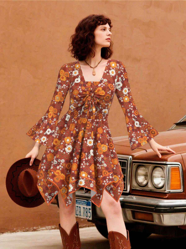 [Vorverkauf] 2PCS Orange 1970er Hippie Blumen Glockenärmel Top & Kleid