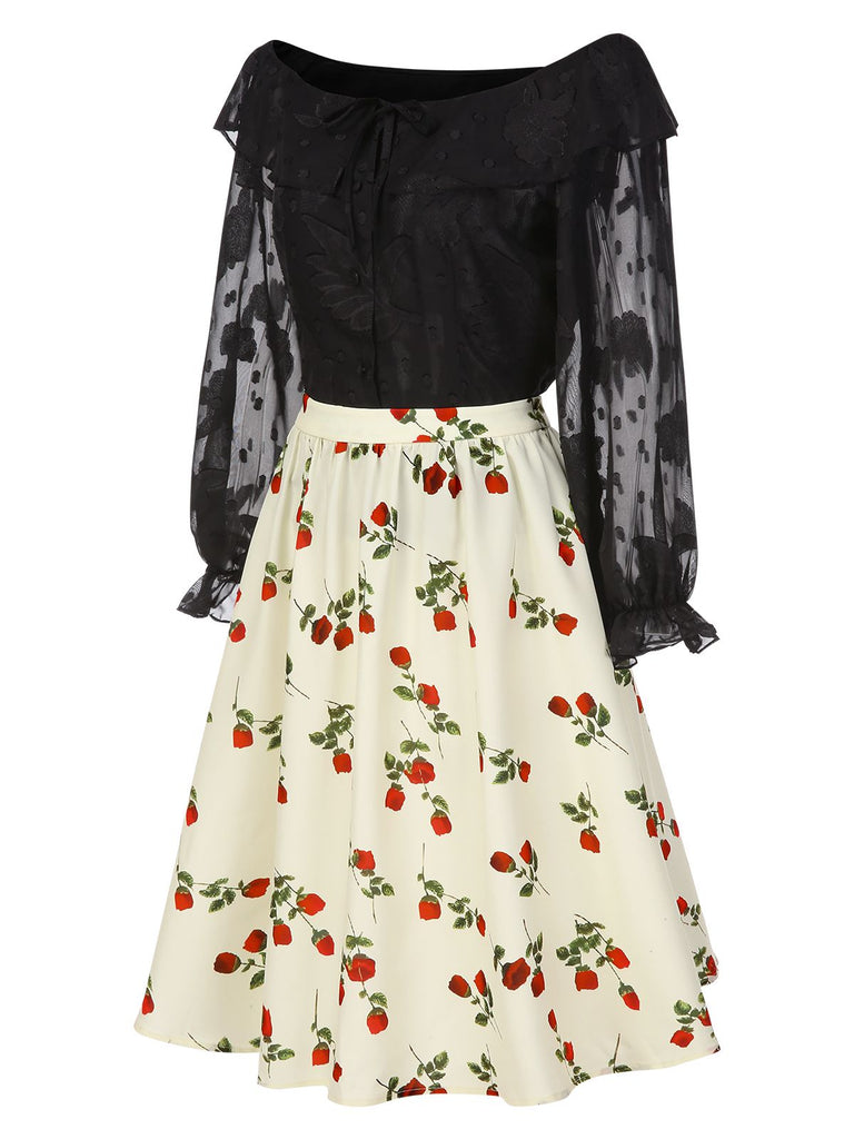 [Vorverkauf] 2PCS Schwarz 1950er Chiffon Schulterfrei Top & Rose Rock