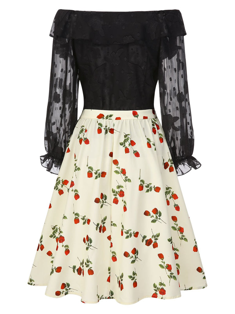 [Vorverkauf] 2PCS Schwarz 1950er Chiffon Schulterfrei Top & Rose Rock