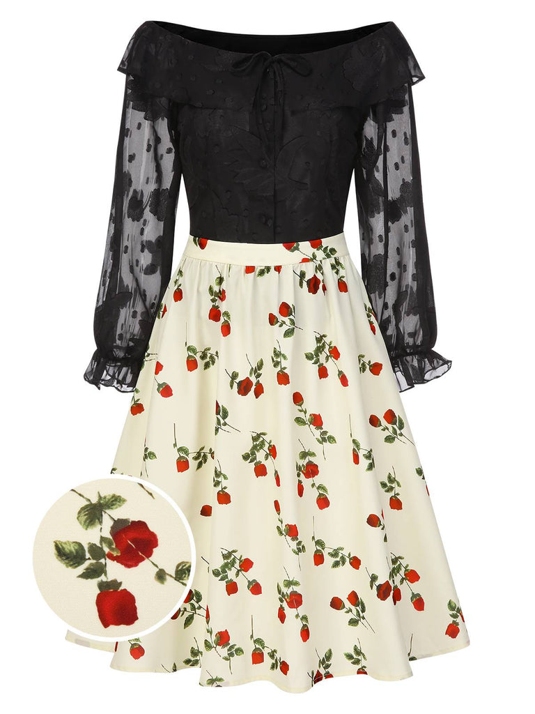 [Vorverkauf] 2PCS Schwarz 1950er Chiffon Schulterfrei Top & Rose Rock