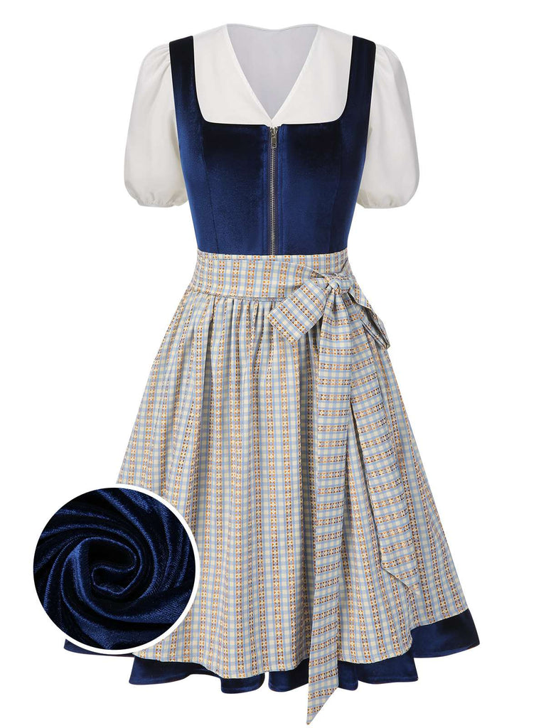 [Vorverkauf] 3PCS Blau 1950er Oktoberfest Dirndl Samt Kleid & Puffärmel Top