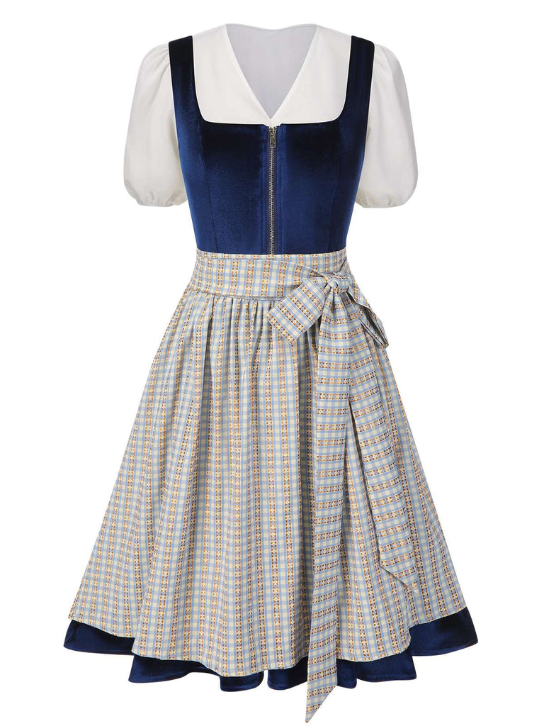 [Vorverkauf] 3PCS Blau 1950er Oktoberfest Dirndl Samt Kleid & Puffärmel Top