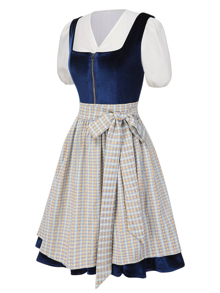 [Vorverkauf] 3PCS Blau 1950er Oktoberfest Dirndl Samt Kleid & Puffärmel Top