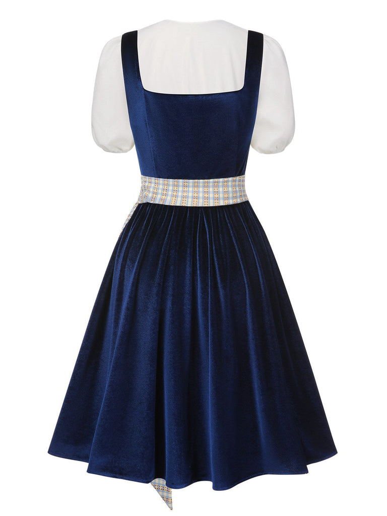 [Vorverkauf] 3PCS Blau 1950er Oktoberfest Dirndl Samt Kleid & Puffärmel Top