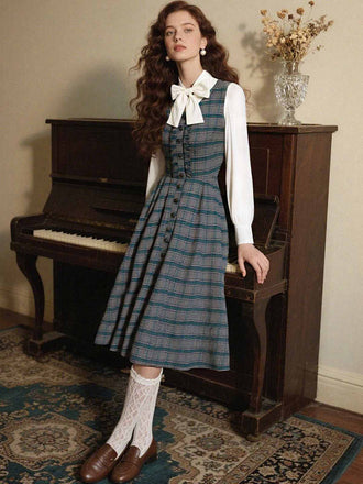 [Vorverkauf] 2PCS Grau 1950er Plaid Rüschen Kleid & Baumwolle Bluse