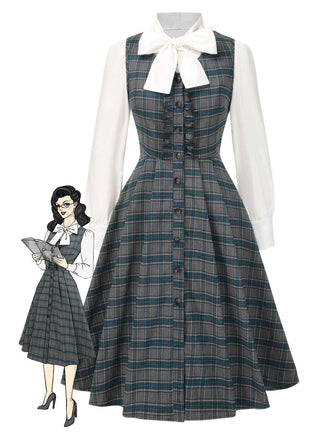[Vorverkauf] 2PCS Grau 1950er Plaid Rüschen Kleid & Baumwolle Bluse