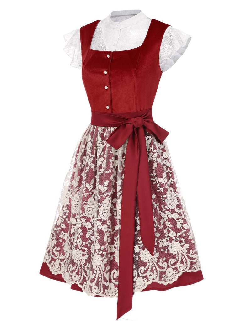 [Vorverkauf] 3PCS Rot 1950er Oktoberfest Dirndl Blumen Spitze Samt Kleid & Top