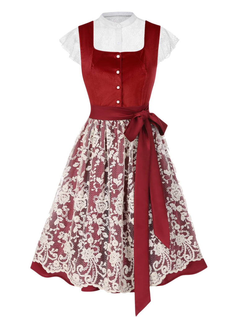 [Vorverkauf] 3PCS Rot 1950er Oktoberfest Dirndl Blumen Spitze Samt Kleid & Top