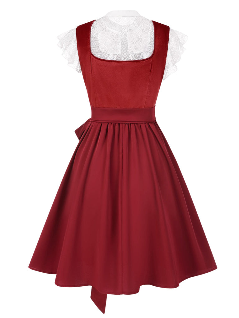 [Vorverkauf] 3PCS Rot 1950er Oktoberfest Dirndl Blumen Spitze Samt Kleid & Top