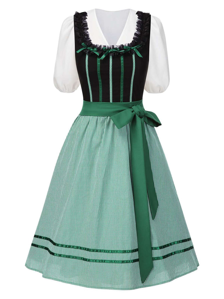 [Vorverkauf] 2PCS Schwarz 1950er Oktoberfest Baumwolle Polka Dot Gingham Kleid & Puffärmel Crop Top