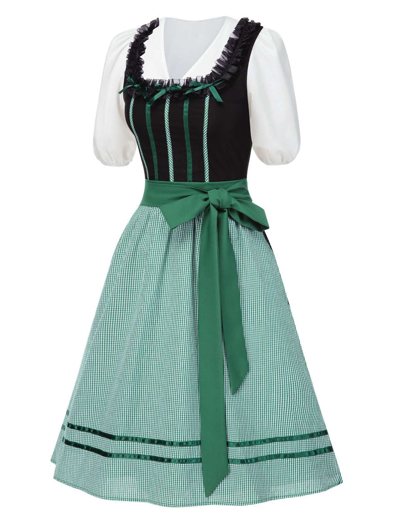 [Vorverkauf] 2PCS Schwarz 1950er Oktoberfest Baumwolle Polka Dot Gingham Kleid & Puffärmel Crop Top