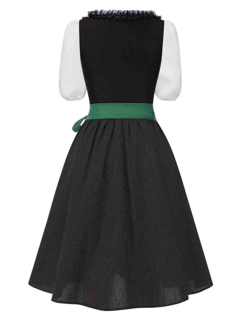 [Vorverkauf] 2PCS Schwarz 1950er Oktoberfest Baumwolle Polka Dot Gingham Kleid & Puffärmel Crop Top