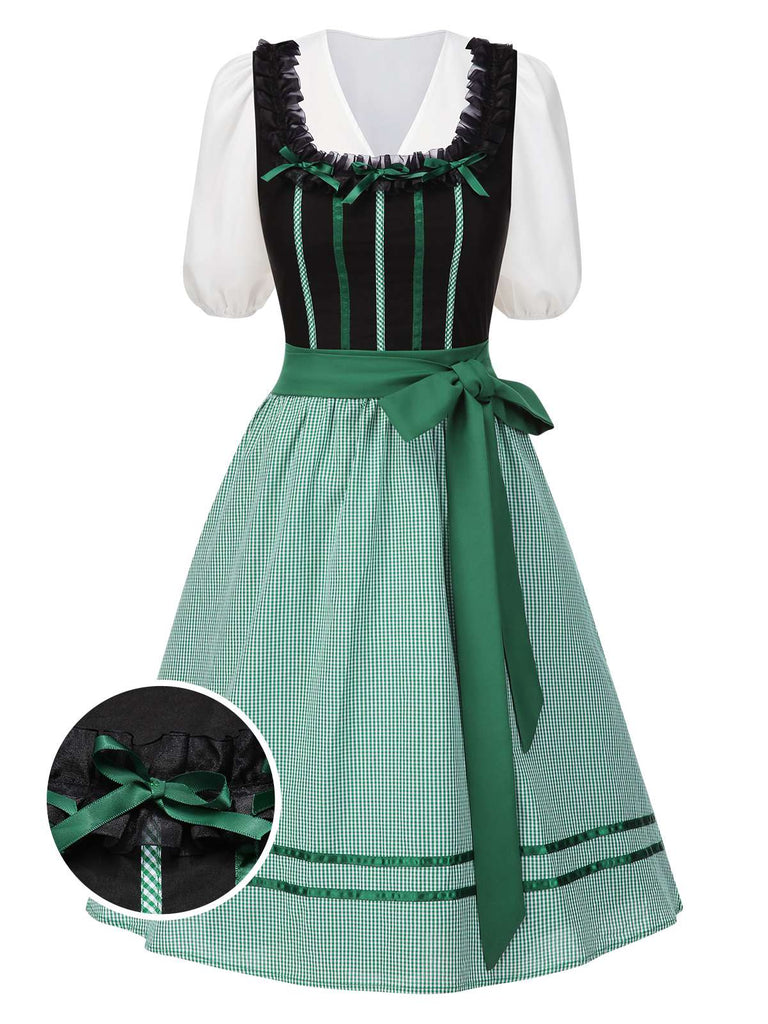 [Vorverkauf] 2PCS Schwarz 1950er Oktoberfest Baumwolle Polka Dot Gingham Kleid & Puffärmel Crop Top