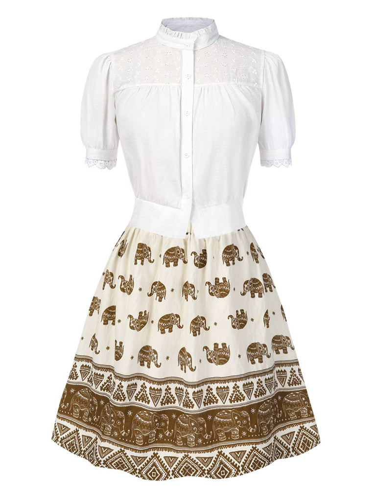 [Vorverkauf] 2PCS 1940er Besticktes Bluse & Elefant Drucken Rock