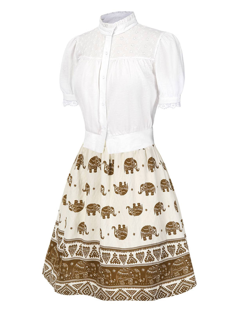 [Vorverkauf] 2PCS 1940er Besticktes Bluse & Elefant Drucken Rock