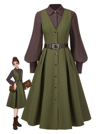 2PCS 1950er Laternenhülle Bluse & Taschen Weste Kleid