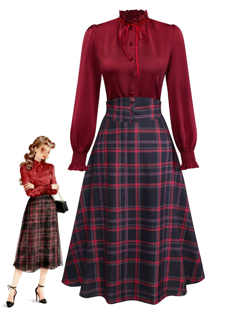 [Vorverkauf] 2PCS Rot 1940er Krawattenhals Bluse & Plaid Rock