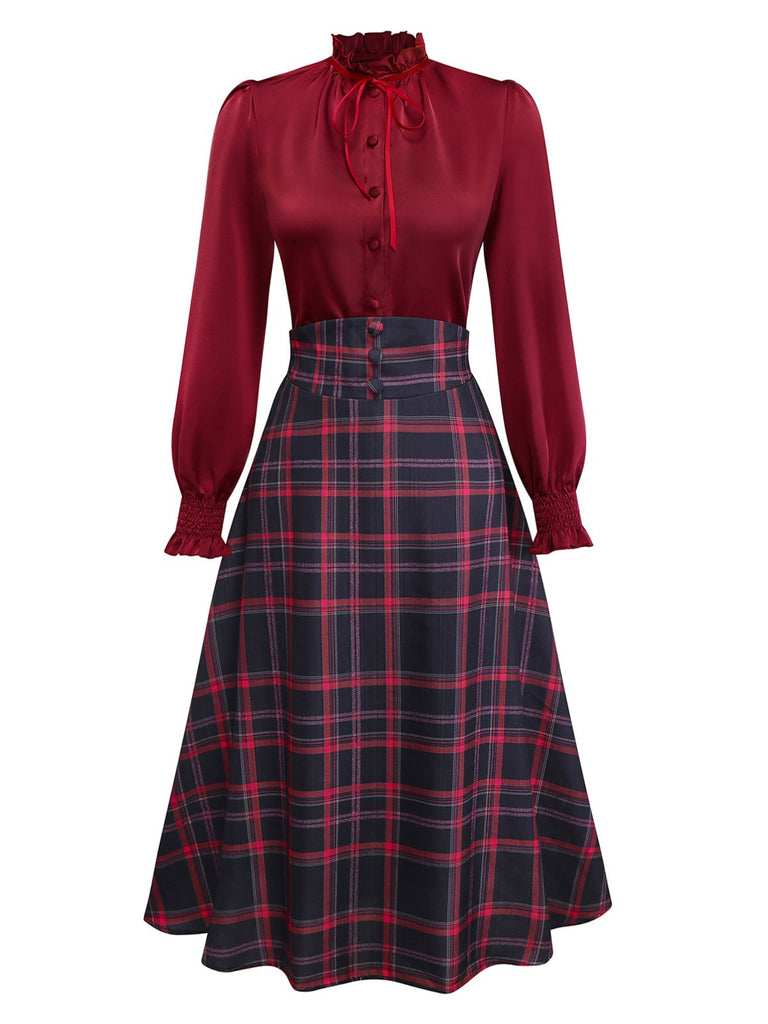 [Vorverkauf] 2PCS Rot 1940er Krawattenhals Bluse & Plaid Rock