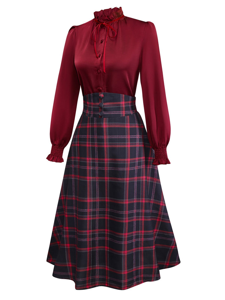 [Vorverkauf] 2PCS Rot 1940er Krawattenhals Bluse & Plaid Rock